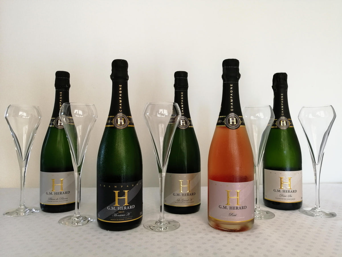 Gamme Champagne Monsieur H, Cuvée spéciale, Champagne Rosé, Champagne Blanc de Blancs, flutes de Champagne